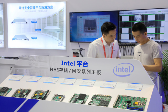 Products related to cybersecurity are on display during an expo in Shanghai.